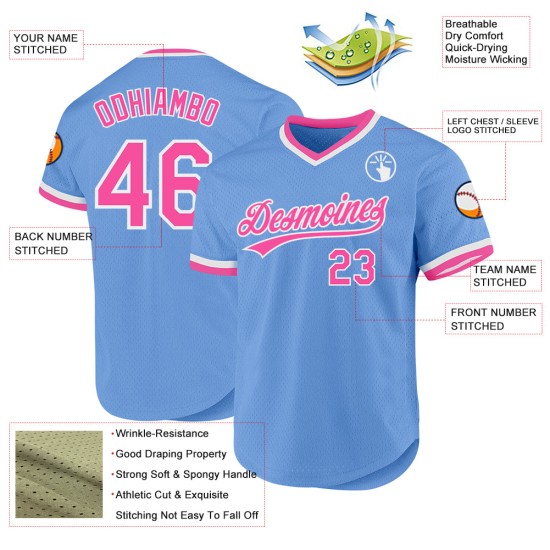 Jersey Blau Throwback Authentic Custom Pink-Weiß Helles Baseball