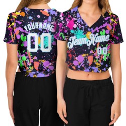 Damen Jersey Splashes Cropped V-Ausschnitt Custom Graffiti Blau Muster 3D Weiß-Licht Baseball