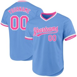 Jersey Blau Throwback Authentic Custom Pink-Weiß Helles Baseball